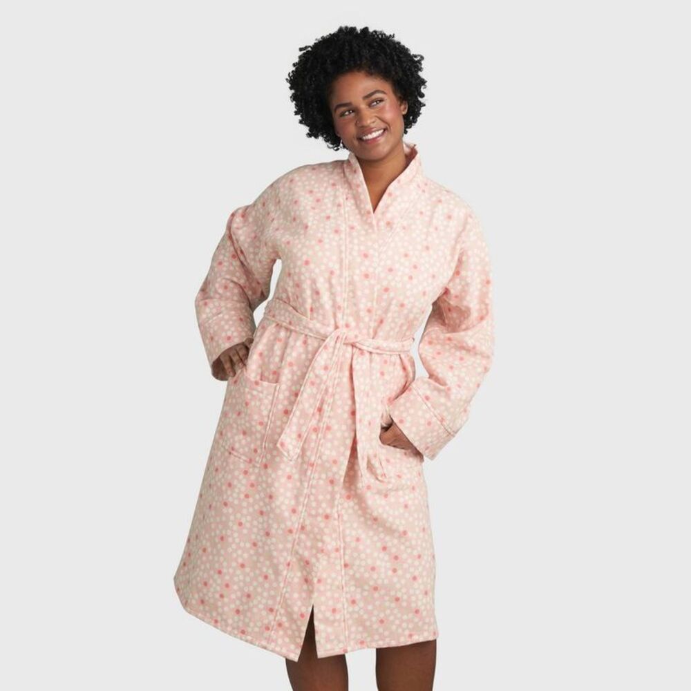 Room Essentials - L/XL Dotted Bath Robe With Kimono Collar Pink - Ro Pink